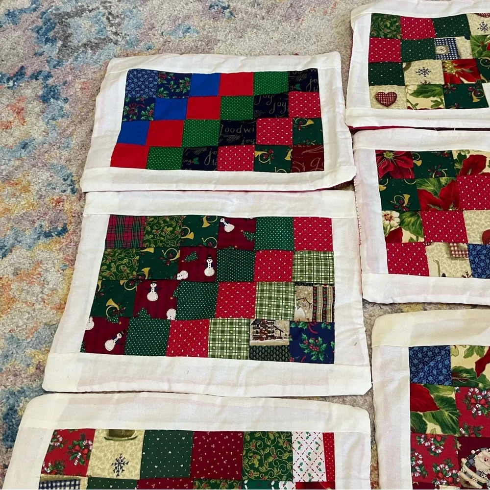 Vintage handmade holiday quilted square pattern placemats set of 8 13.5” x 10”